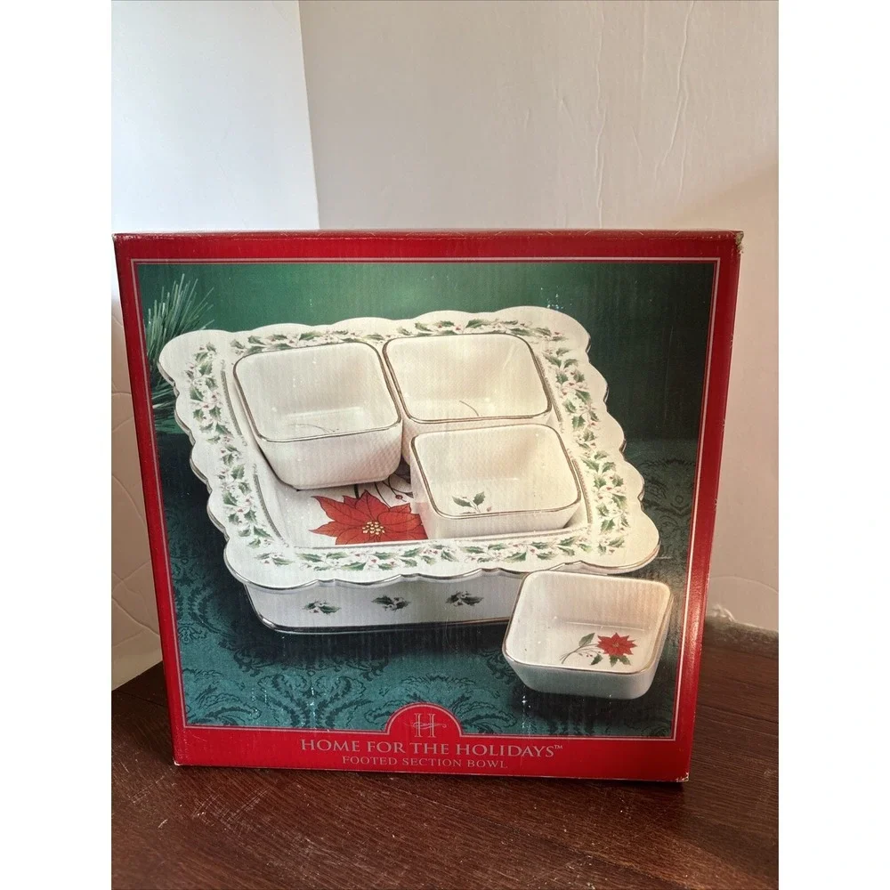 Holly Holiday Home for the Holidays Footed Section Bowl Including 4 Serving Bowl